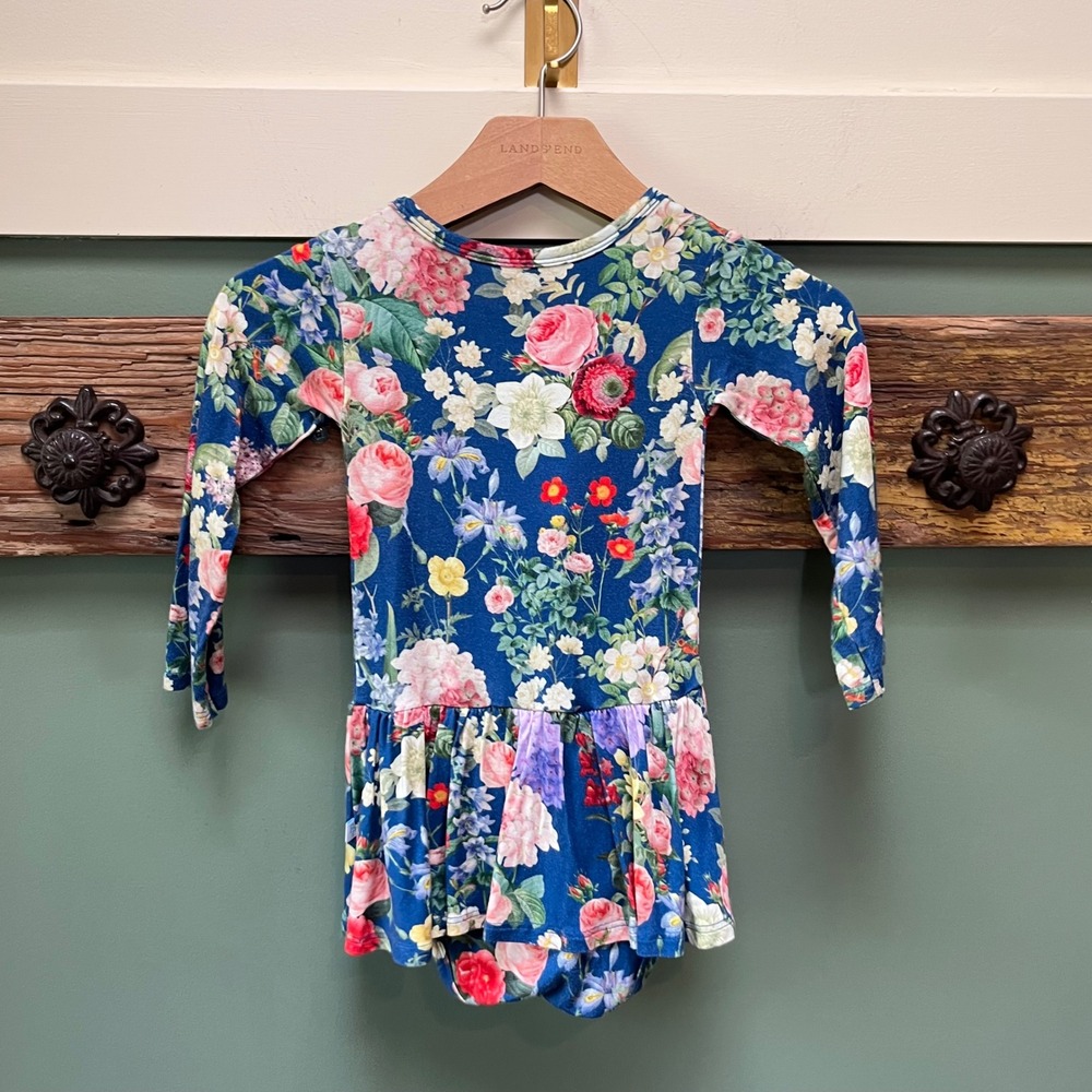 Posh Peanut Floral Bamboo Ruffle Romper Blue Long Sleeve 18-24 Months